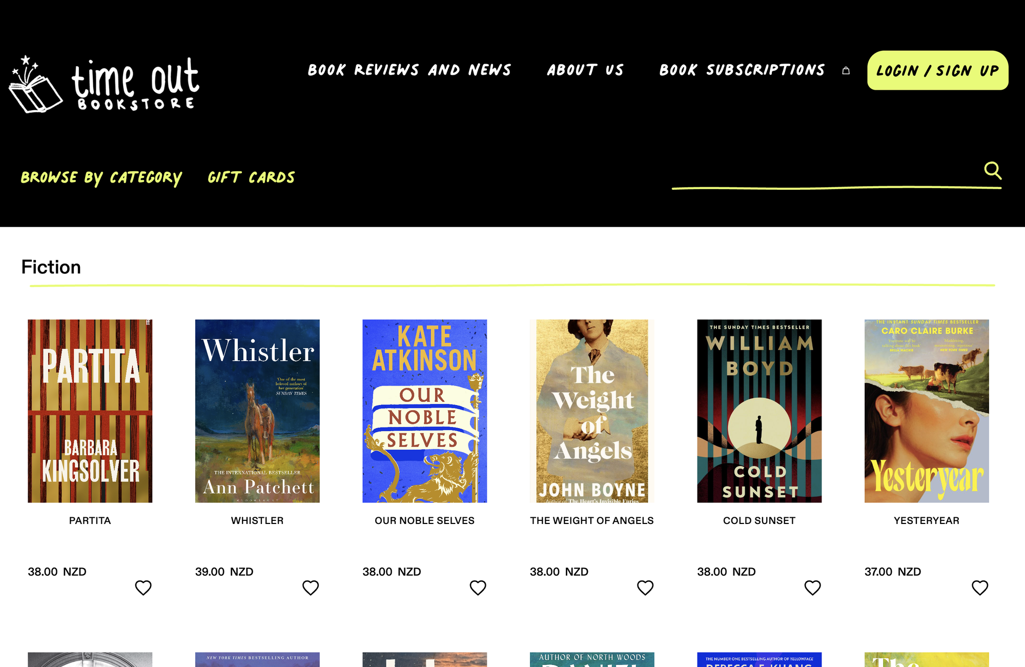 Time Out Bookstore’s webstore with Round Peg: hand-lettered menus, lime accents and a clean book grid